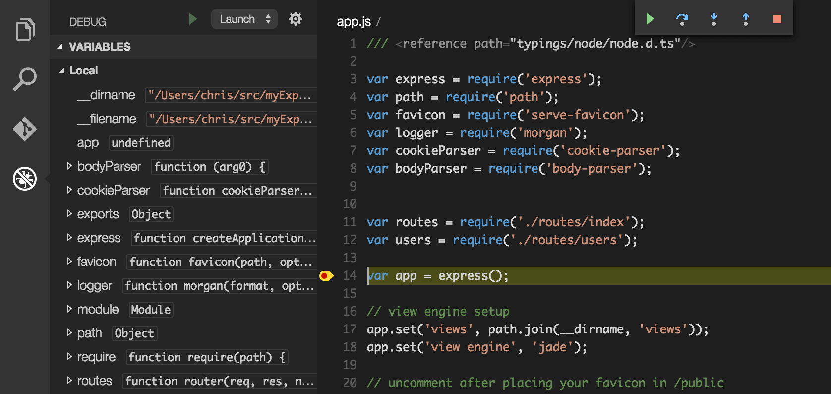 Screenshot of breakpoints added to Node.js app to debug from VS Code