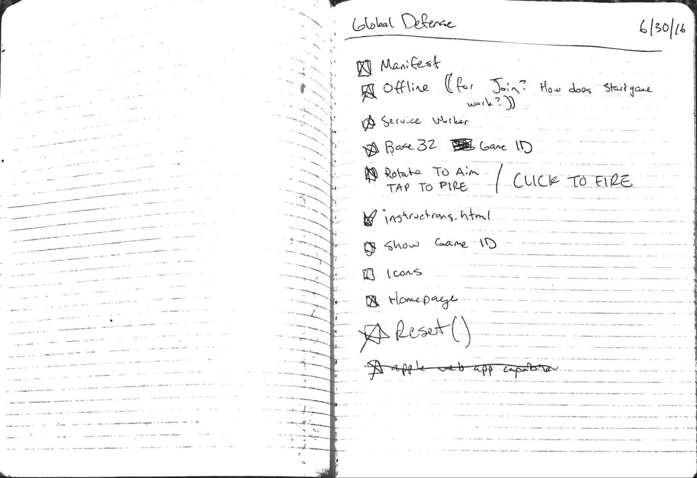 Notebook with about 10 to-dos all completed: Mnaifest, Offline, Service Worker, Base32 Game ID, Rotate to Aim, Tap to Fire, Click to Fire, Instructions, Show Game ID on UI, Icons, Homepage, Reset(), apple-web-app-capable?